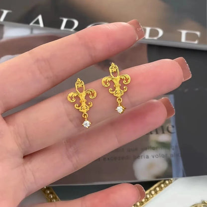 24K Real Gold Iris Earrings 9999 Ancient Fashionable and Versatile Women's Earrings Niche Design Earrings