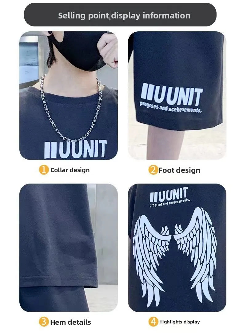 Big Child Cotton Summer Suit for Teens Boy Wing Print Cotton Tshirt + Shorts 2PCS Clothing Set Kids Adult Fashion Street Outfit