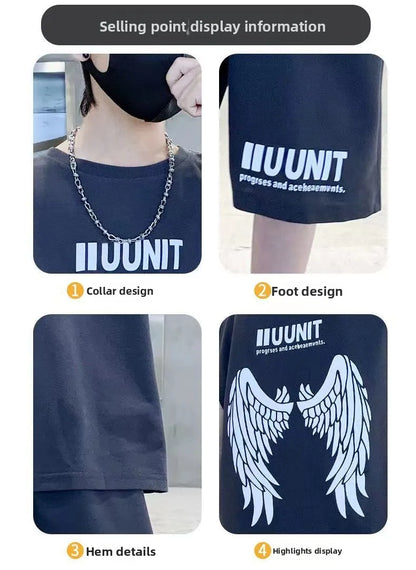 Big Child Cotton Summer Suit for Teens Boy Wing Print Cotton Tshirt + Shorts 2PCS Clothing Set Kids Adult Fashion Street Outfit