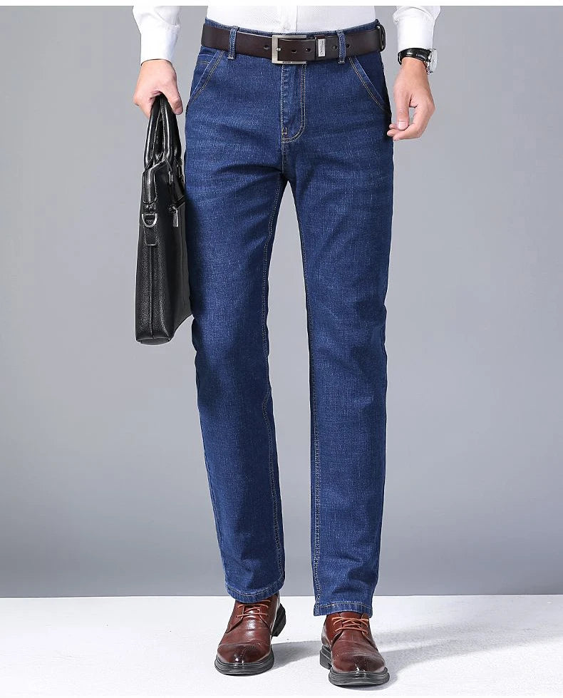Autumn Spring Business Jeans Men Casual Comfortable Straight Denim Pant Stretch Fashion Classic Soft Premium Blue Black Trousers