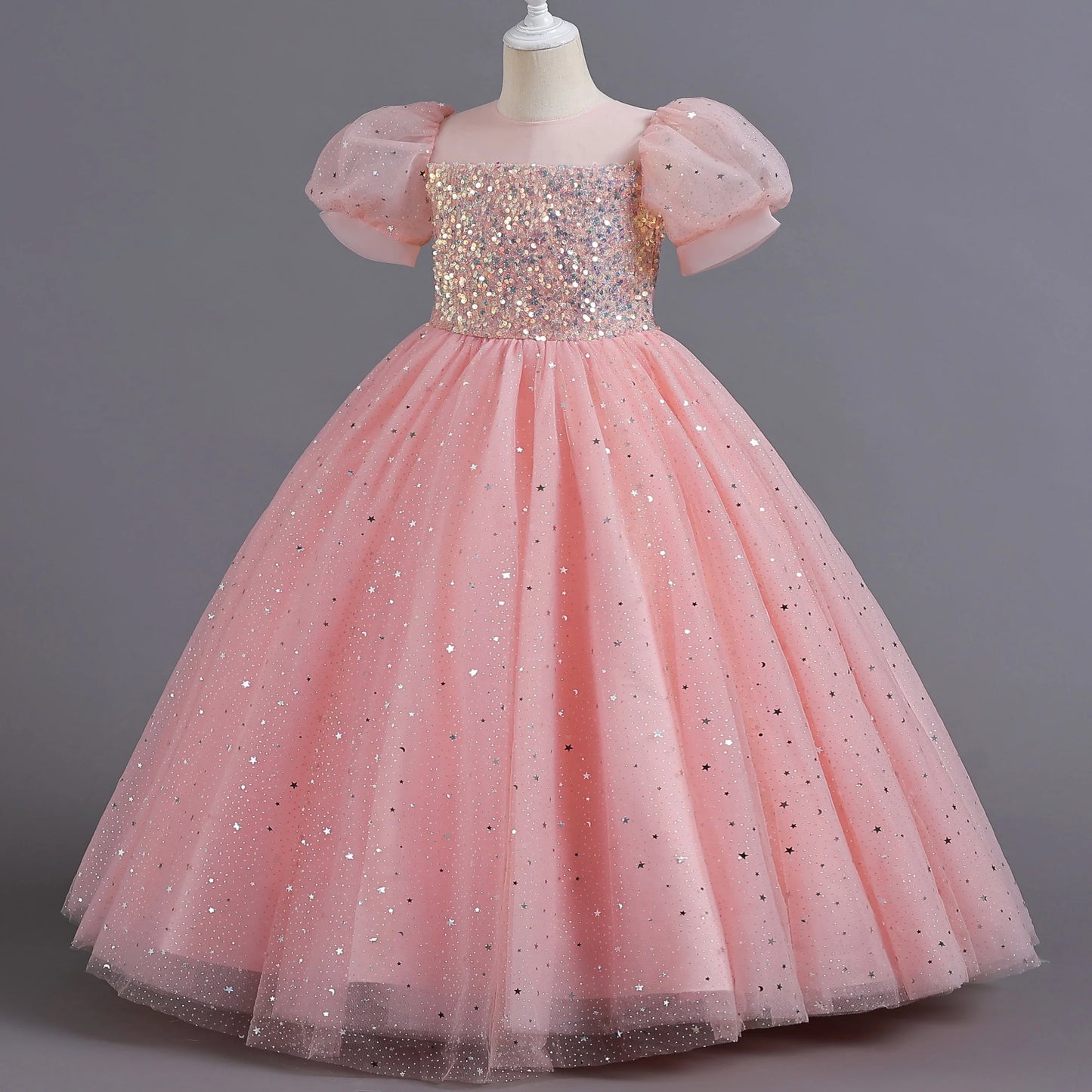 Children's Dress Girls' Princess Sequin Bubble Sleeve Long Mesh Flower Little Girl Wedding For Summer