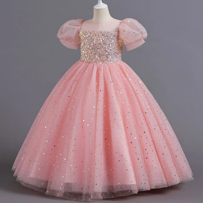 Children's Dress Girls' Princess Sequin Bubble Sleeve Long Mesh Flower Little Girl Wedding For Summer