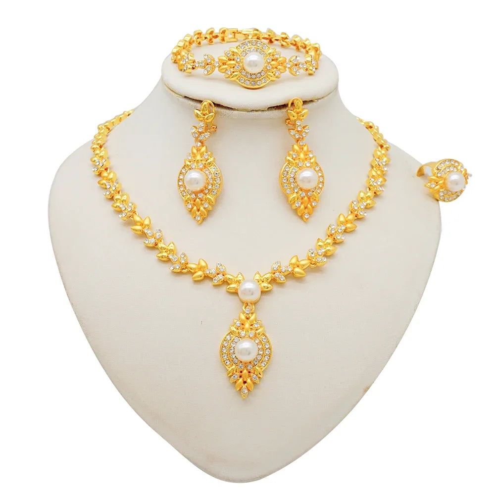 Women Gold Color Jewelry Sets Blue Pendant Necklace Earrings Bracelet Ring Sets Party Gifts