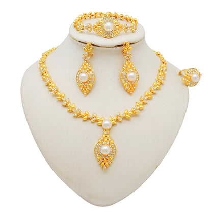 Women Gold Color Jewelry Sets Blue Pendant Necklace Earrings Bracelet Ring Sets Party Gifts