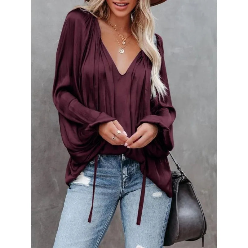 Plus Size Fashion Long Sleeve V Neck Office Casual Shirt Women Elegant Simple Loose Blouse Ladies Pleated Solid Color Top