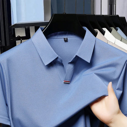 High quality brand solid color V-neck short sleeve polo shirt men summer fashion simple casual ice silk breathable lapel T-shirt