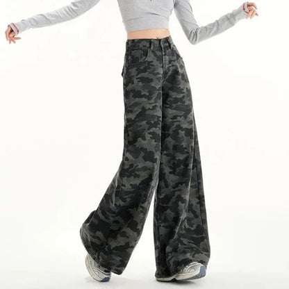 Women Retro Casual Straight Leg Jeans Female High Waist Camouflage Cargo Pants Girls High Street Fashion Denim Trousers