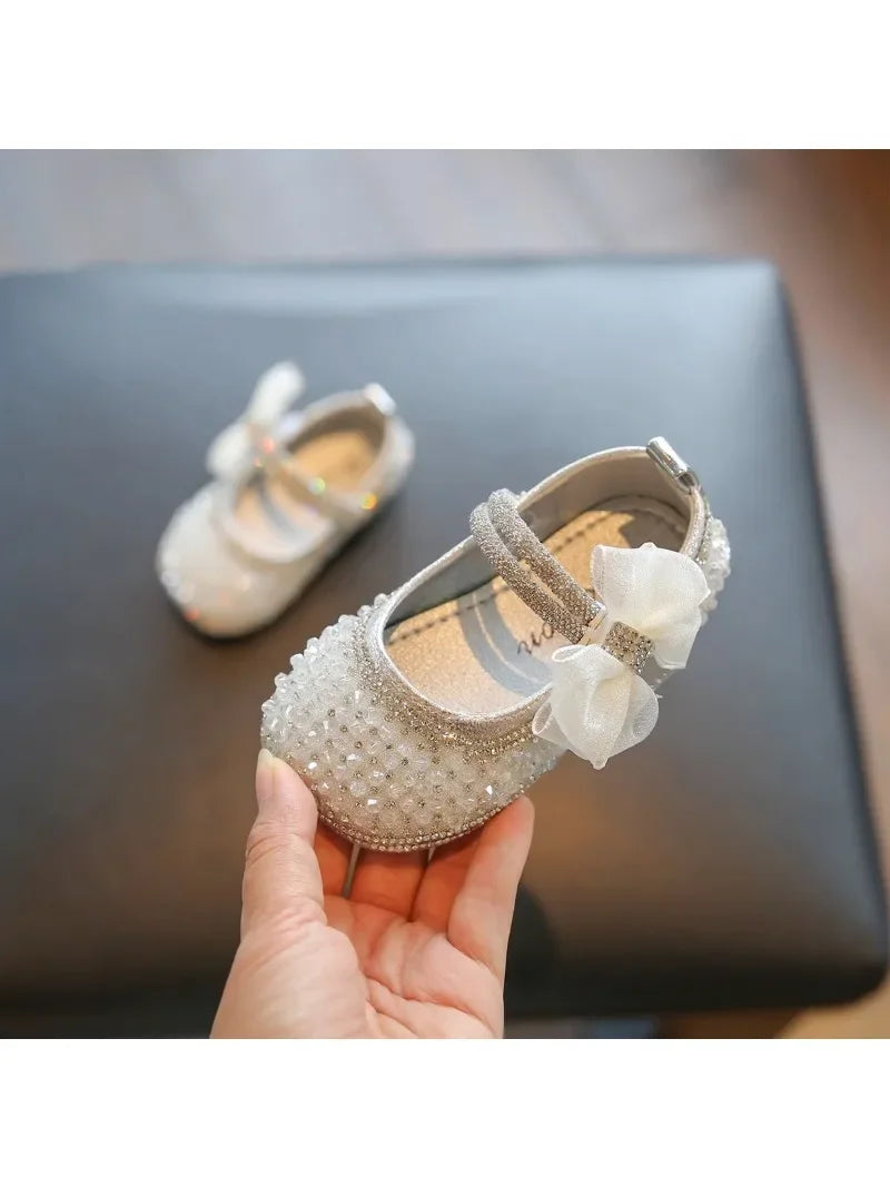 Girls Princess Shoes Lace Mesh Bows Kids Walking Shoes Non-slip Shiny Sequins 2025 New Children Flat Shoes Soft Sole Non-slip