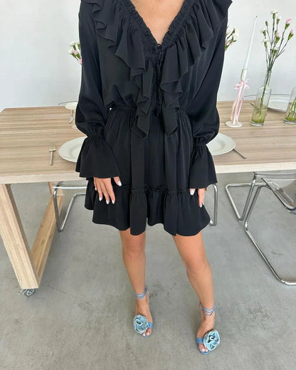 White Ruffle Bandage Mini Dress Women's Elegant Patchwork Long Sleeve Dress New Slim V Neck Lace Up Summer Mini Dress