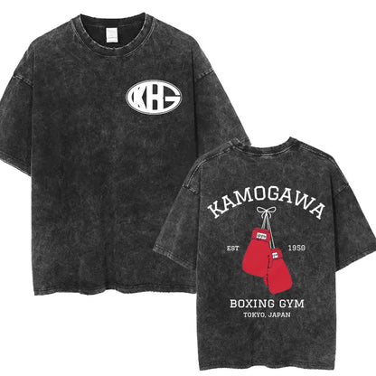 Anime Hajime No Ippo Washed Vintage T-shirt Kamogawa Boxing Gym Harajuku T-shirts Makunouchi Takamura KGB Loose Cotton T Shirt