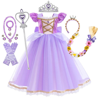 Vestido de Princesa Verão Rapunzel Menina Cosplay Enrolados Festa de Aniversário de Halloween Vestido Fantasia de Aniversário Infantil