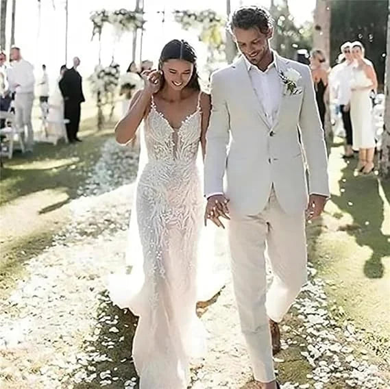 Mens Linen Suit for Beach Wedding Slim Fit 2 Piece Wedding Tuxedo for Men Casual Linen Suit Prom Party Suit