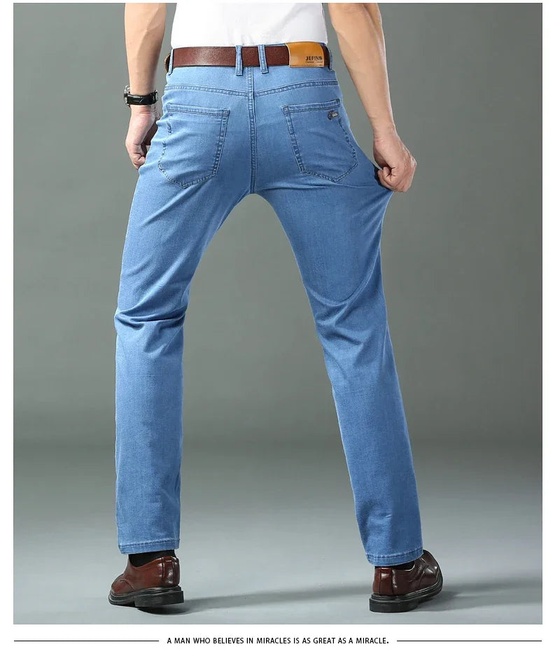 Denim Jeans For Men Blue Straight Stretch Cotton Pants Business Casual Lightweight Trousers Spring Summer