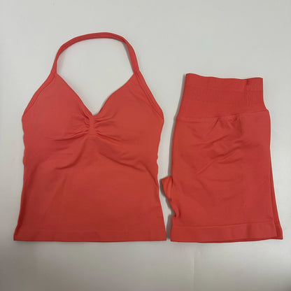 Yoga Set Women Padded Halter Tank Top Scrunch Butt Lifting Gym Shorts Set Summer Sportswear Workout Clothes