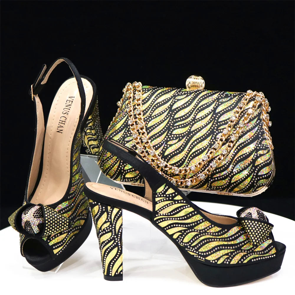 Elegant Fashion Peep Toe High Heels Laser-striped Sequin Rhinestone Women's Party Shoes and Bags 2026 Italian Design