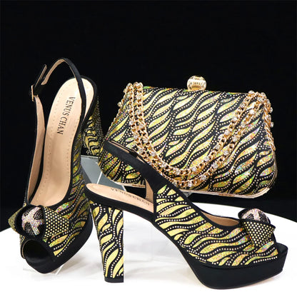 Elegant Fashion Peep Toe High Heels Laser-striped Sequin Rhinestone Women's Party Shoes and Bags 2026 Italian Design