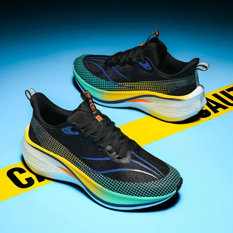 Sapatos de corrida esportivos casuais masculinos e femininos de moda com superfície de malha respirável, suporte de placa de carbono e sola de borracha resistente ao desgaste