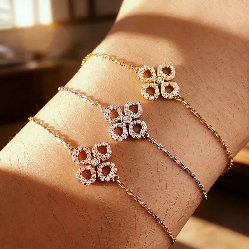 Adjustable Flower Moissanite Bracelets for Women Certified Sparkling 18k Plated Ear Jewelry 100% 925 Sterling Silver