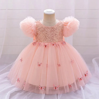 Baby Girl Clothing Summer Bow And Butterfly Pattern Halter Solid Color Mesh Baby Kids Dresses Cute Casual Baby Girl Dress ASQ03