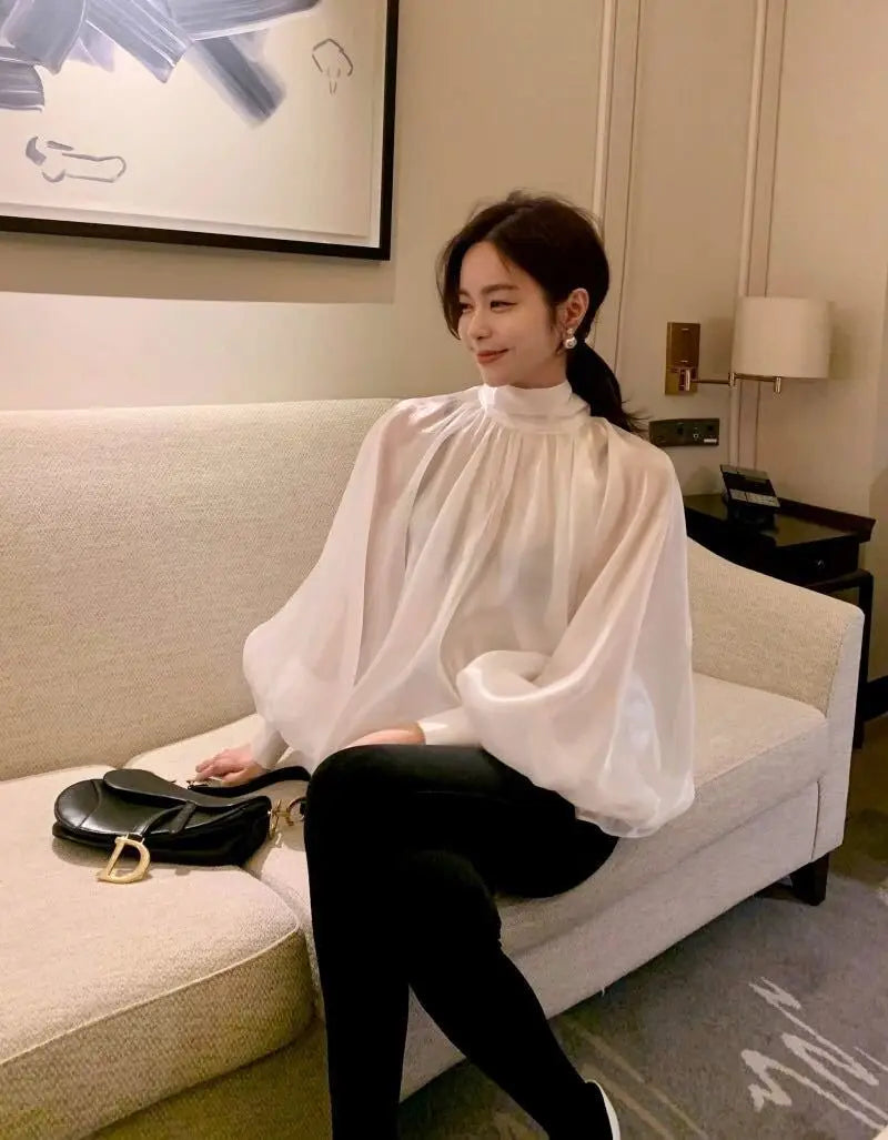 Spring Autumn Women Fashion Tops New Shirts Lantern Sleeve Stand Collar Solid Casual Vintage Elegant Temperament Long-Sleeved