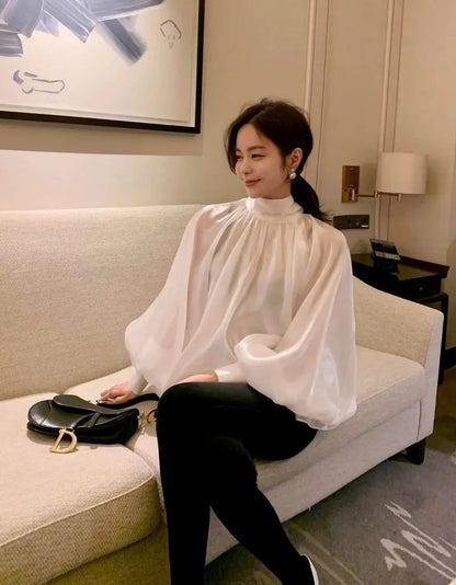 Spring Autumn Women Fashion Tops New Shirts Lantern Sleeve Stand Collar Solid Casual Vintage Elegant Temperament Long-Sleeved