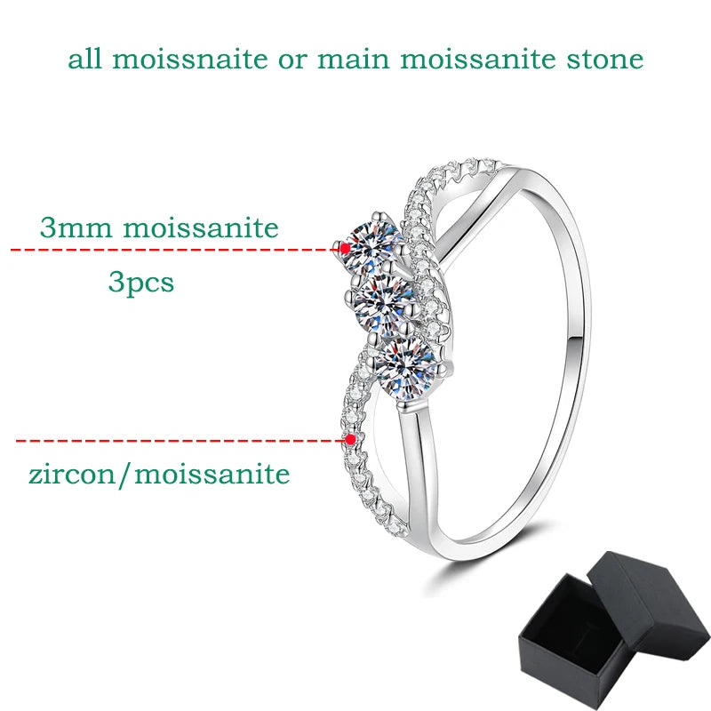 Real S925 Sterling Silver Moissanite Ring for Women 3 Stone Twisted Band Halo Gift for Her D Color VVS1 Dainty Jewelry