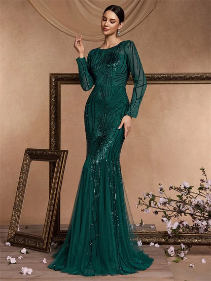 Elegant Long Sleeves Sequin Tulle Evening Dresses 2025 Women Luxury Mermaid Formal Bridesmaid Party Maxi Prom Dress