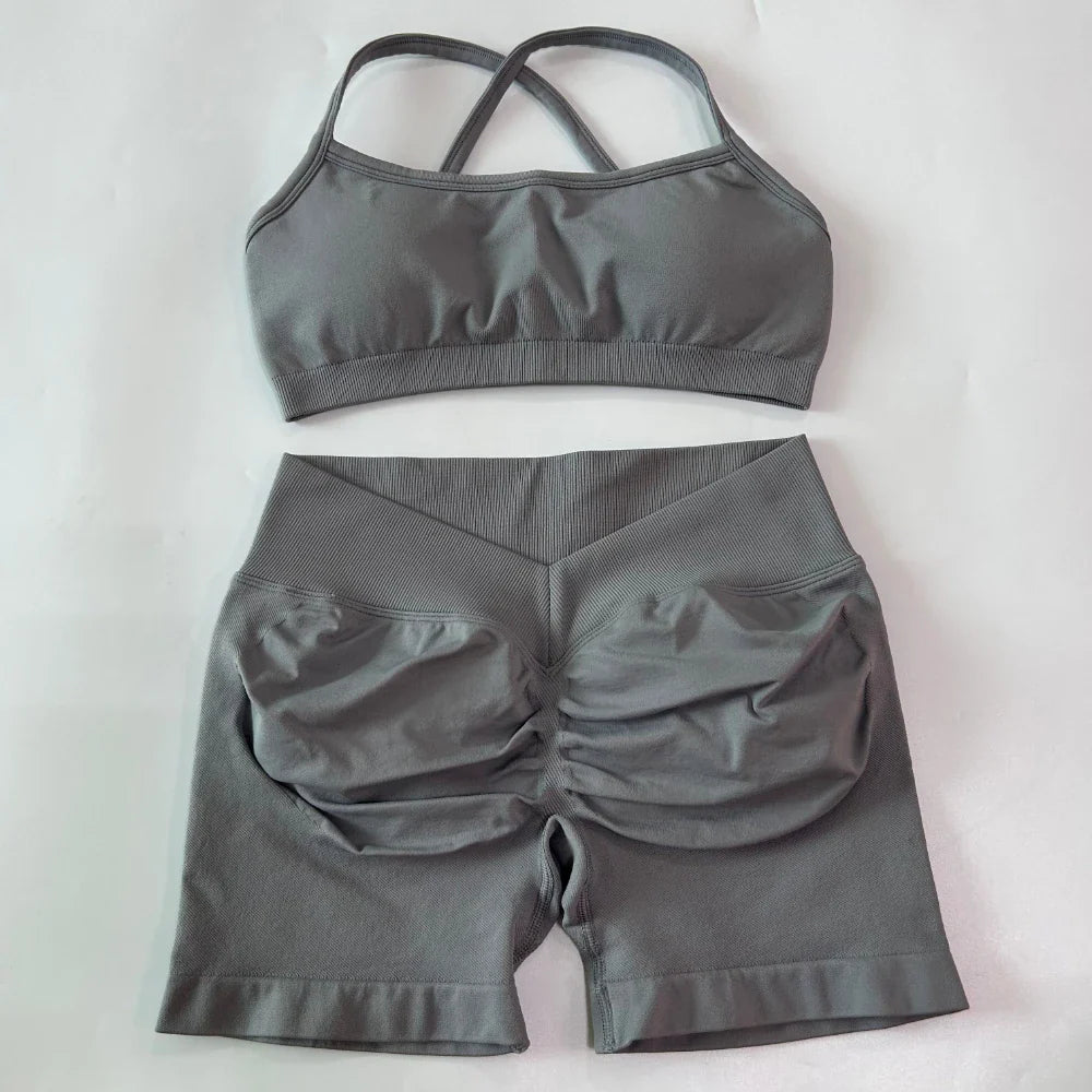 2 Pieces Set For Woman Clothes Seamless Scrunch Yoga Shorts Set Backless ktp Sports Bra Fitness Workout Top Gym Set Outfits