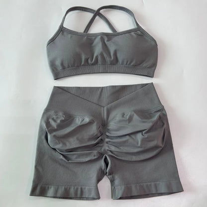 2 Pieces Set For Woman Clothes Seamless Scrunch Yoga Shorts Set Backless ktp Sports Bra Fitness Workout Top Gym Set Outfits