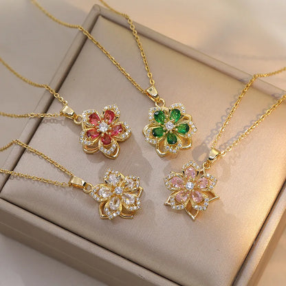 316L Stainless Steel Gold Plated Romantic Rotatable Flower Zirconia Pendant Necklace For Women Girls Charm Luxury Jewelry