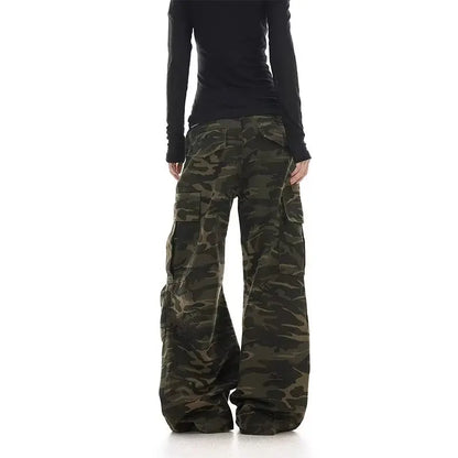 American retro washed design camouflage work pants for men and women, loose straight leg multi pocket wide leg casual paratroope