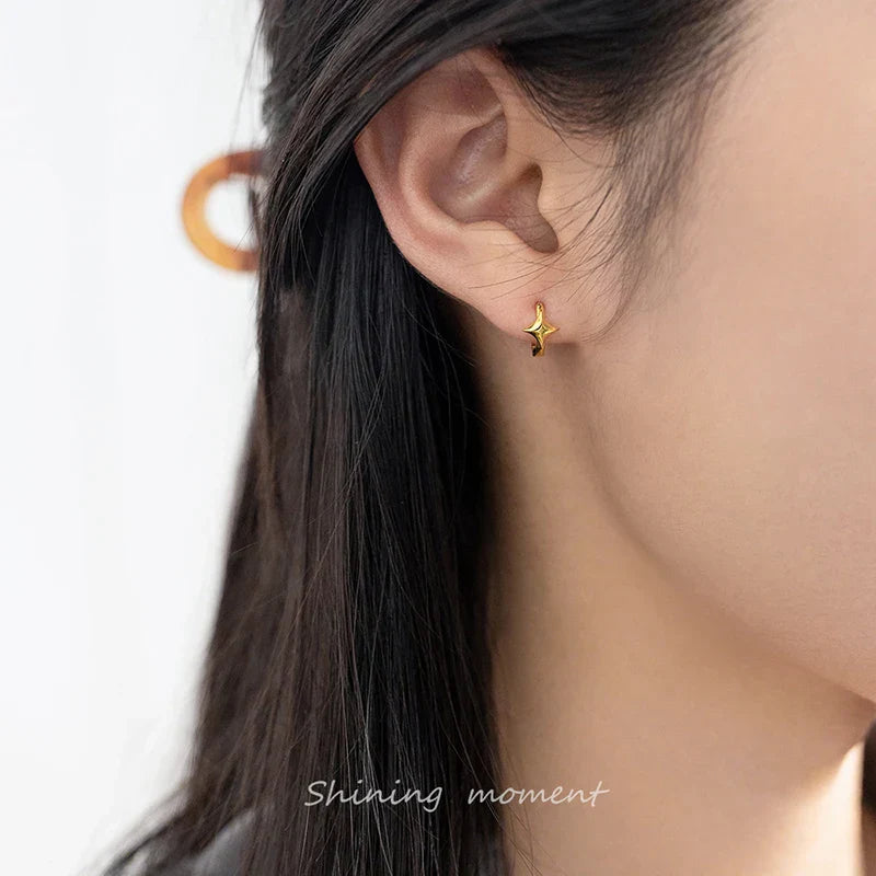 925 Sterling Silver Minimalist Glossy Star Huggies Hoop Earrings for Women Trendy Romantic Party Piercing Jewelry Gift