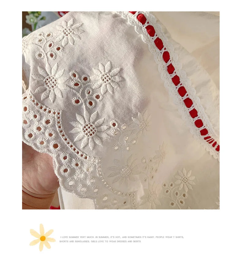 Kid Girl Exquisite Dress Ruffled Lace Collar Trimmed in Red Ribbon Red Dotted Lace Cut Out Embroidery on The Skirt for Children