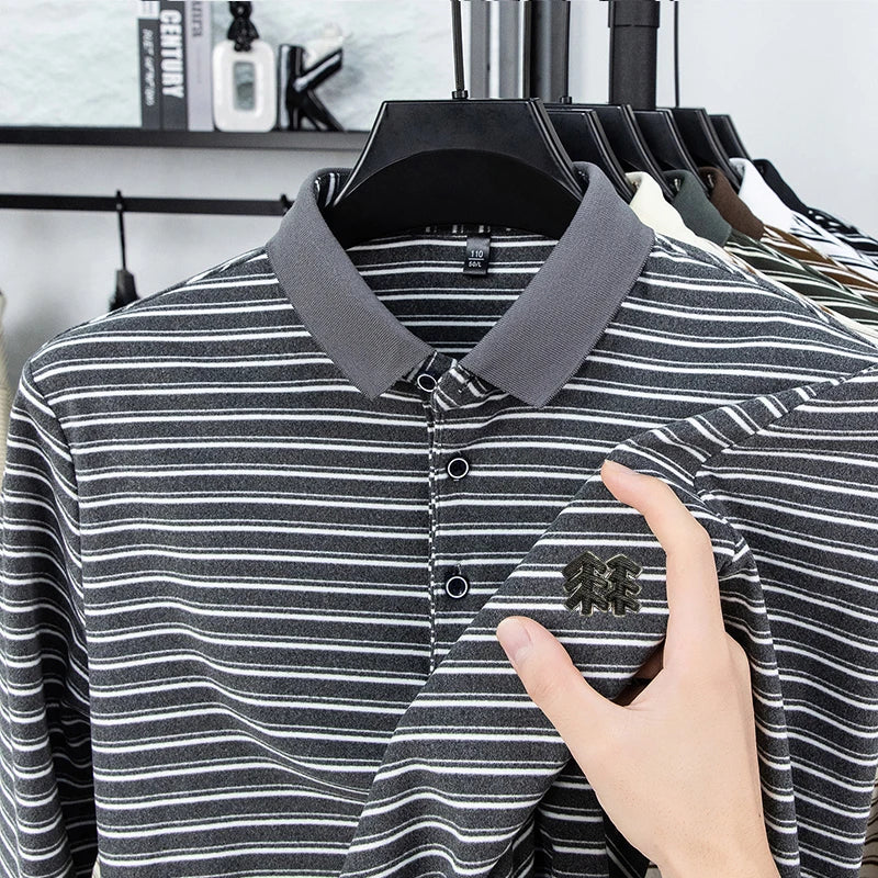 Men's Striped Long Sleeved T-shirt Polo Shirt Button Up Men's Stand Up Collar, Winter Double-sided German Velvet Base Shirt
