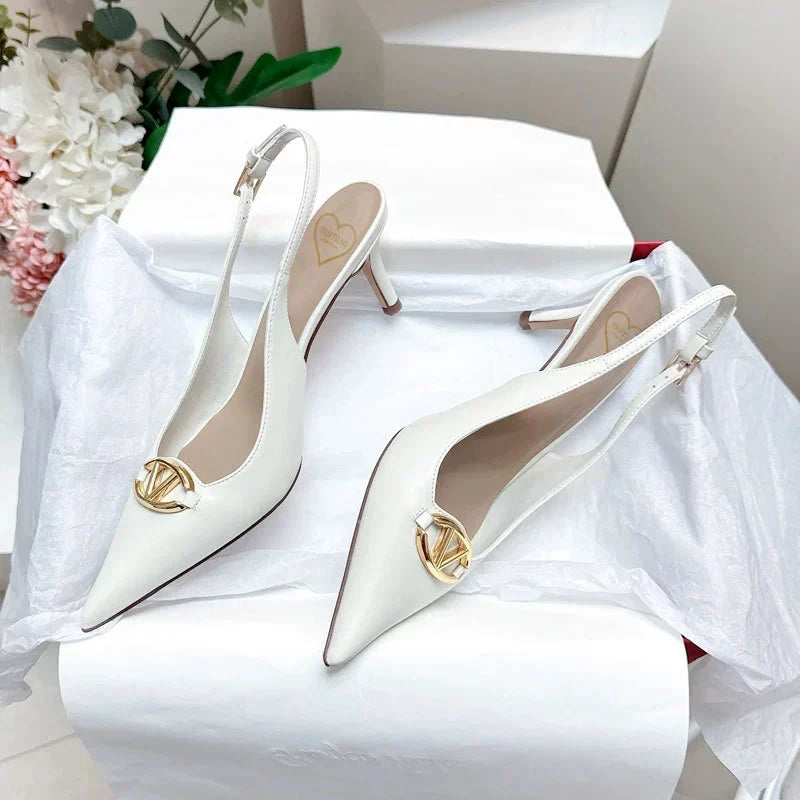Thin heeled Baotou sandals for women's summer 2026 new style, pointed back strap, metal buckle, versatile high-heeled sandals
