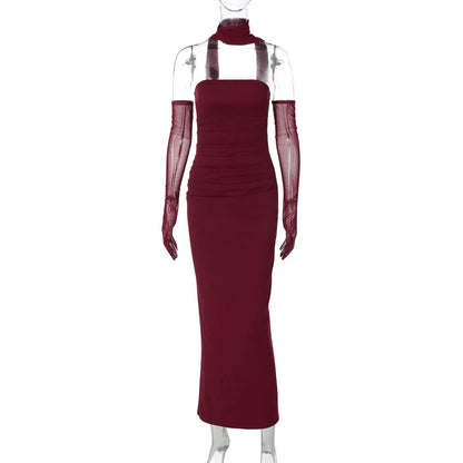 Elegant Scarf Strapless Solid Mesh Gloves Sexy Bodycon Maxi Prom Dress Women Fashion Y2K Outfits Wedding Party Birthday