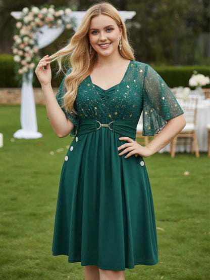 Plus Size Stars Print Buckle Button Pockets Ruched Butterfly Sleeves Dress Deep Blue Women Casual Square Collar Dresses
