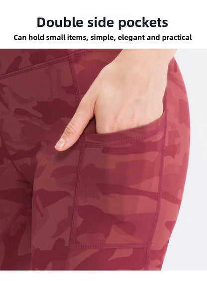 Women's printed nude yoga shorts with pockets skin-friendly tight stretch quick-drying sports fitness hiking running shorts