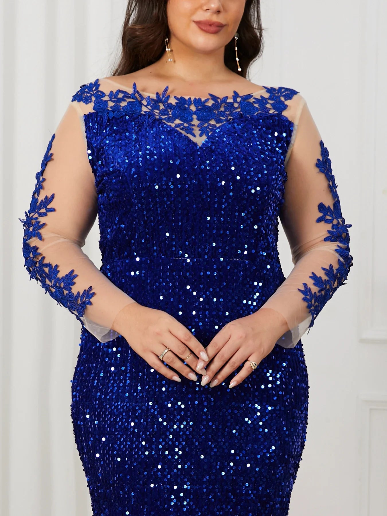 O Neck Curve Long Sequined Velvet Lace Evening Dress Prom Gown Floor Length Backless Maxi Dresses