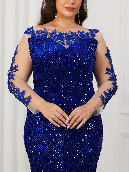 O Neck Curve Long Sequined Velvet Lace Evening Dress Prom Gown Floor Length Backless Maxi Dresses