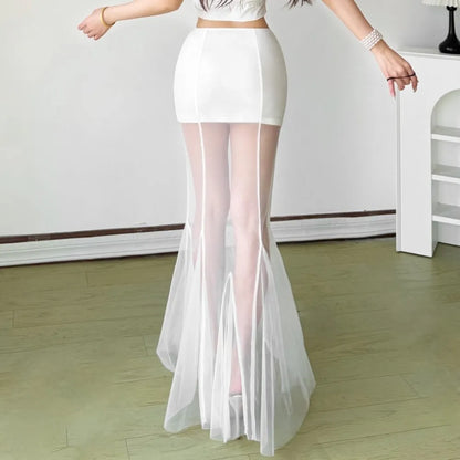 Mesh Patchwork Long Skirt Woman Summer Trend Elastic Waist Skinny Peach Hip Hot Girls Street Elegant Fashion Style Bottom