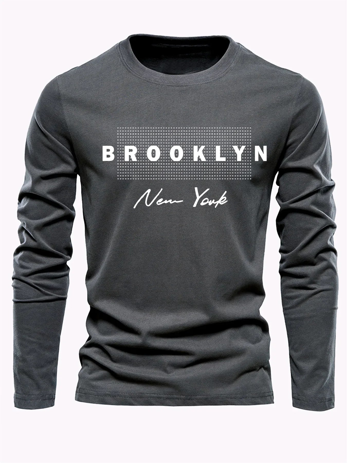 Brooklyn New York Printed Men's 100% Cotton Loose and Comfortable Sports and Leisure Round Neck Long Sleeve T-shirt Top