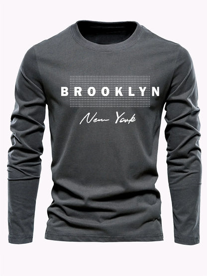 Brooklyn New York Printed Men's 100% Cotton Loose and Comfortable Sports and Leisure Round Neck Long Sleeve T-shirt Top
