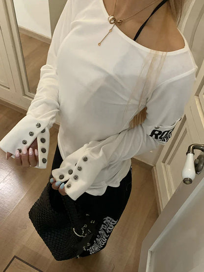 American Retro Print T-shirt Women Long Sleece Button Graphic Tops Y2k Tops 2000s Japanese Grunge Tops E-girls Autumn