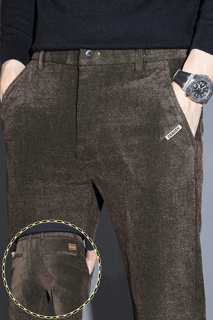 Men's Solid Straight Casual Pants Autumn Woolen Slim Fit Office Pants Vintage Elastic Waist Youth Trousers Everyday Wear