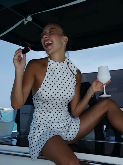 Polka Dot Printed Mini Halter Dress Backless Sleeveless A Line Short Robes Casual Party Vestidos 2025 New Slim Fit Lady Dresses