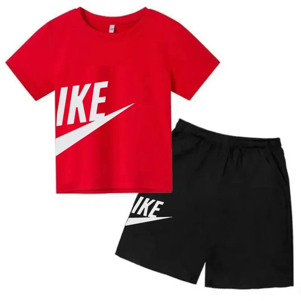 Fashion Sport 2Pcs Outfit, Printed Short Sleeve Tee and Shorts, Comfortable Summer Tracksuit for Boys Girls