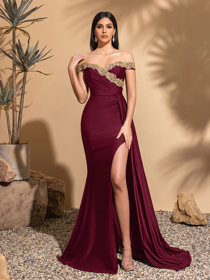 Off-the-shoulder lace neckline, pleated waist and side ribbon slit dress