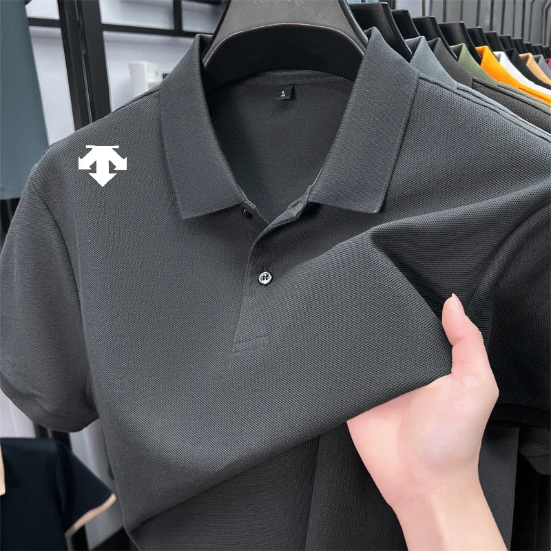 100% men's summer luxury brand polo shirt lapel geometric printing short sleeves t-shirt outdoor leisure men clothing tops