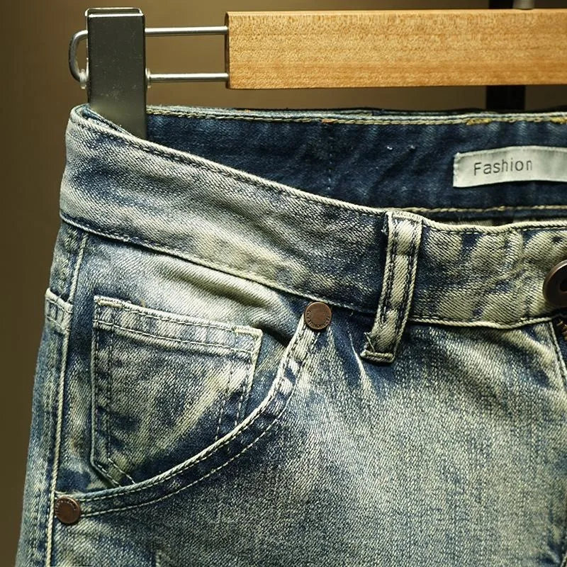 2024 Spring and Autumn New Fashion Trend Solid Color Retro Motorcycle Jeans Men's Casual Loose Comfortable Straight Leg Pants